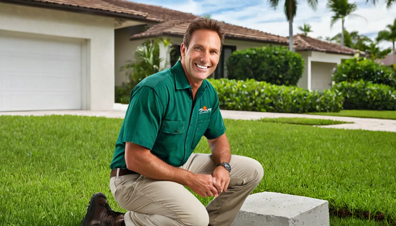 A friendly pest control provider talking with a homeowner at the front door of a Coral Gables home