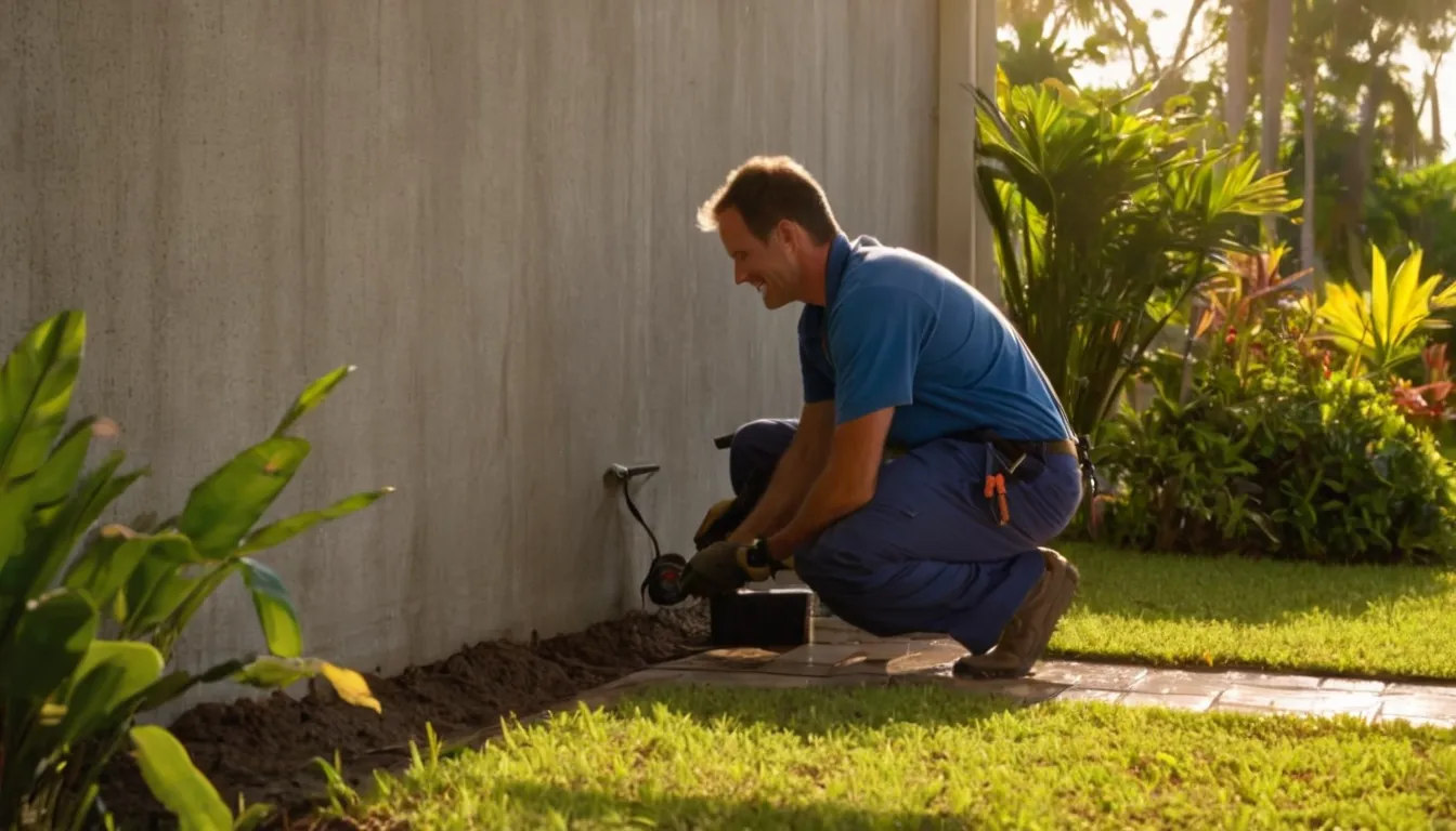 A local provider inspecting a concrete block home foundation for termite activity in Coral Gables